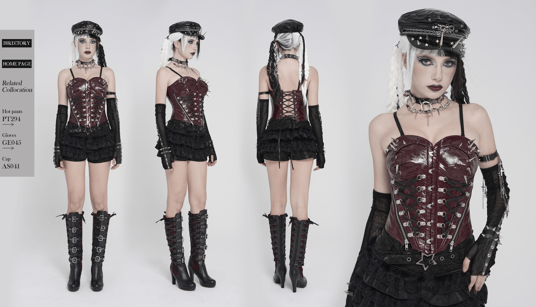 Spiked Burgundy Faux Leather Gothic Corset Top with Zips worn by model showcasing punk style and unique design features.