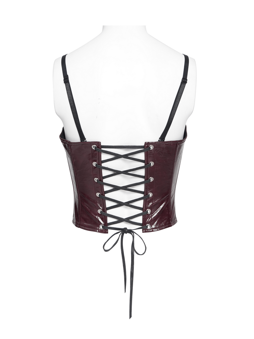 Spiked Burgundy Faux Leather Gothic Corset Top with Zips showing striking lace-up back detail.
