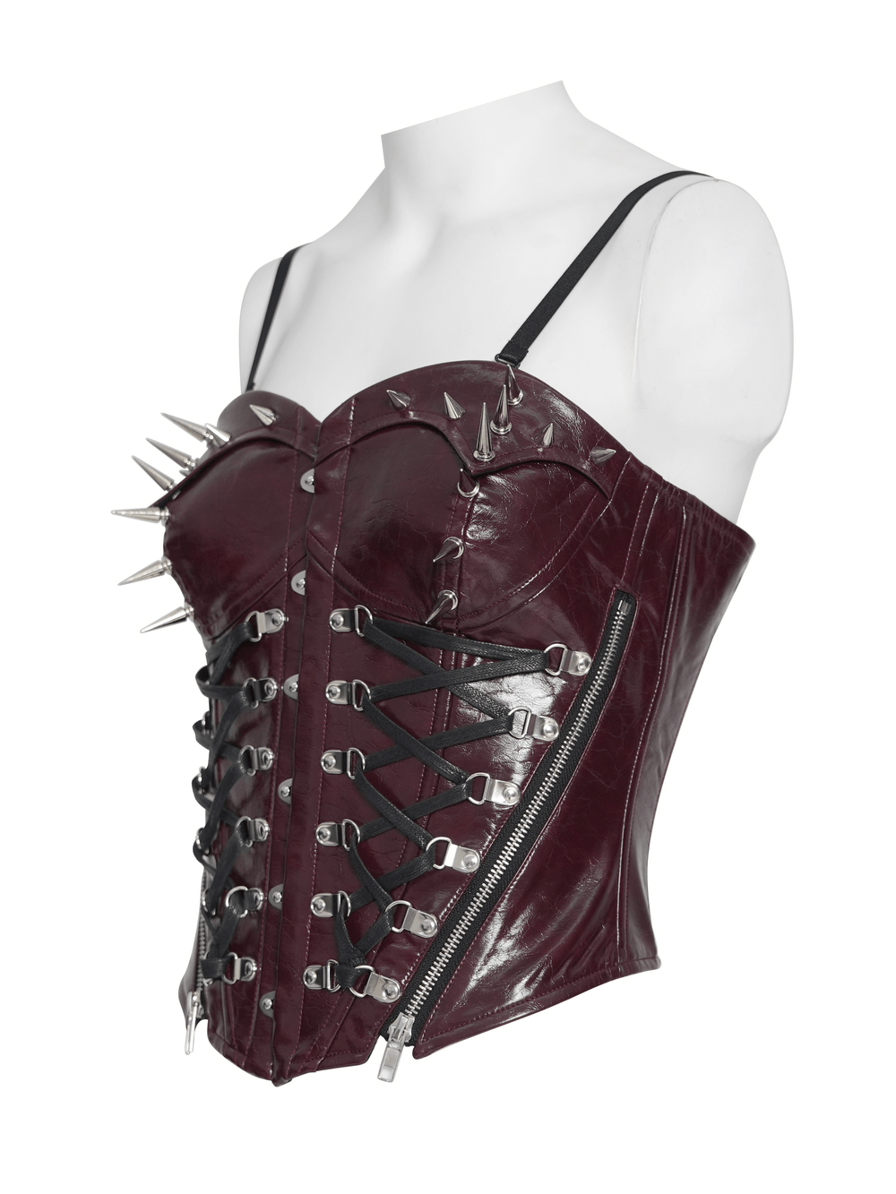 Spiked Burgundy Faux Leather Gothic Corset Top with Zips featuring studded cups and lace-up back.