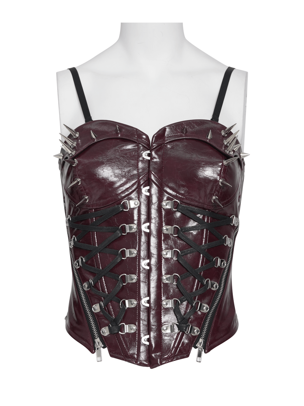 Spiked Burgundy Faux Leather Gothic Corset Top with Zips showcasing punk style, spiked cups, and lace-up back.