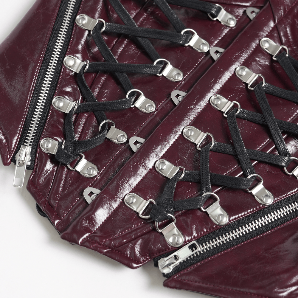 Spiked Burgundy Faux Leather Gothic Corset Top with Zips showing lace-up panels and zippers for a punk style.
