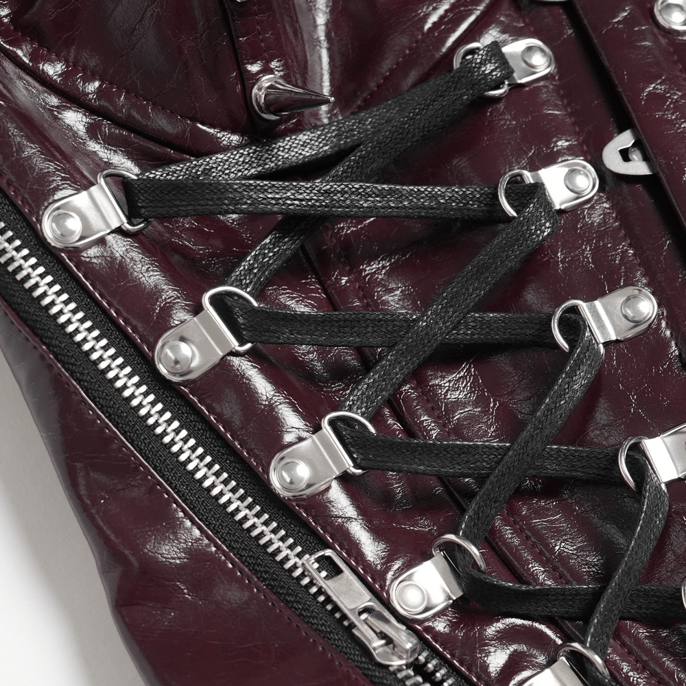 Spiked Burgundy Faux Leather Gothic Corset Top with Zips showing lace-up back and side zippers for a punk style.
