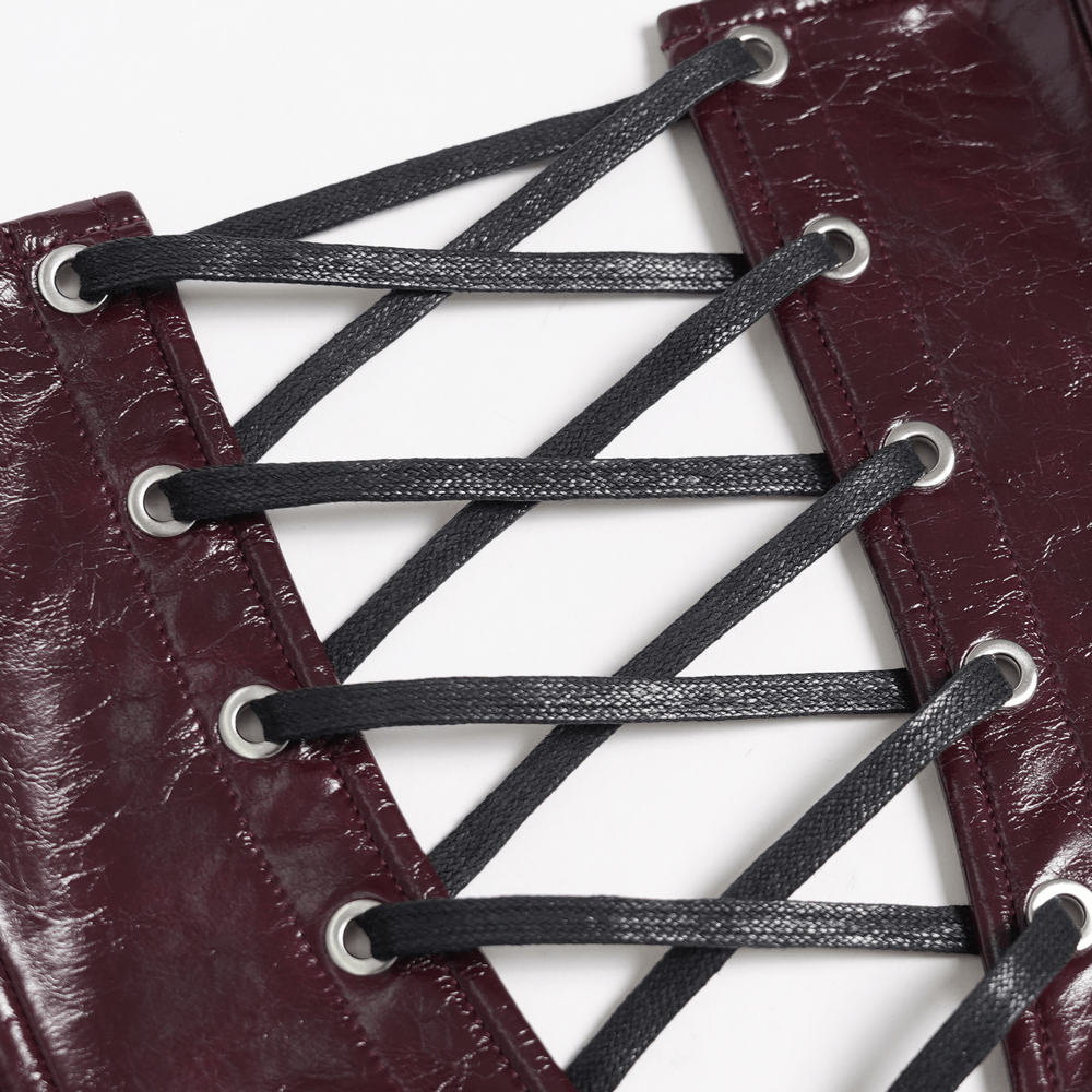 Spiked Burgundy Faux Leather Gothic Corset Top with Zips lace-up back detail showcasing black laces and eyelets.