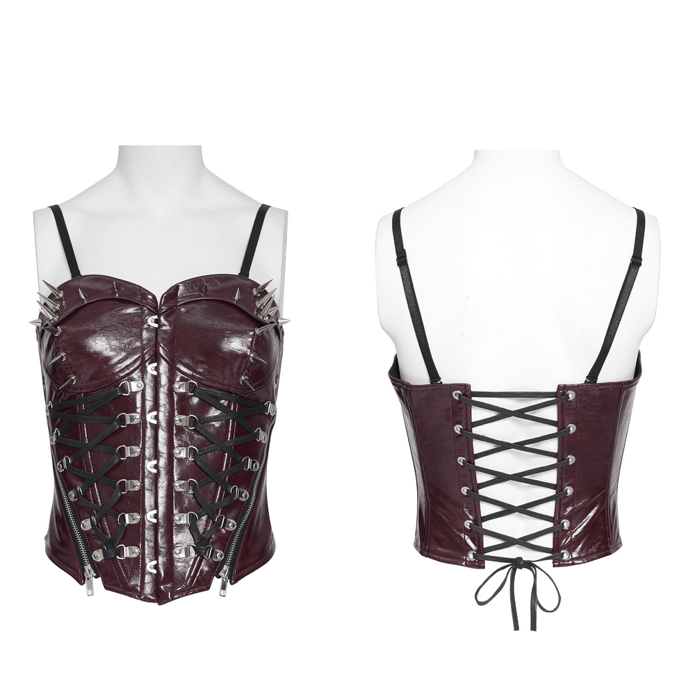 Spiked Burgundy Faux Leather Gothic Corset Top with Zips featuring a glossy finish and lace-up back.