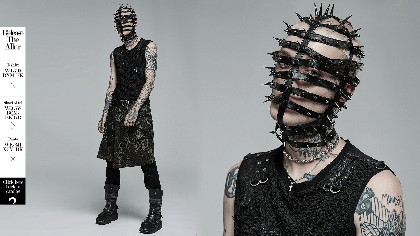 Punk style model in spiked PU headgear showcasing edgy fashion with adjustable drawstring.