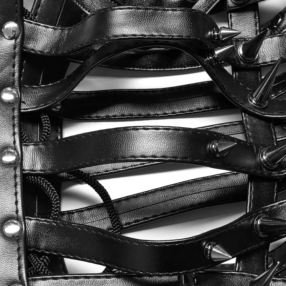 Close-up of edgy spiked PU headgear, showcasing the intricate design and adjustable straps for a bold look.