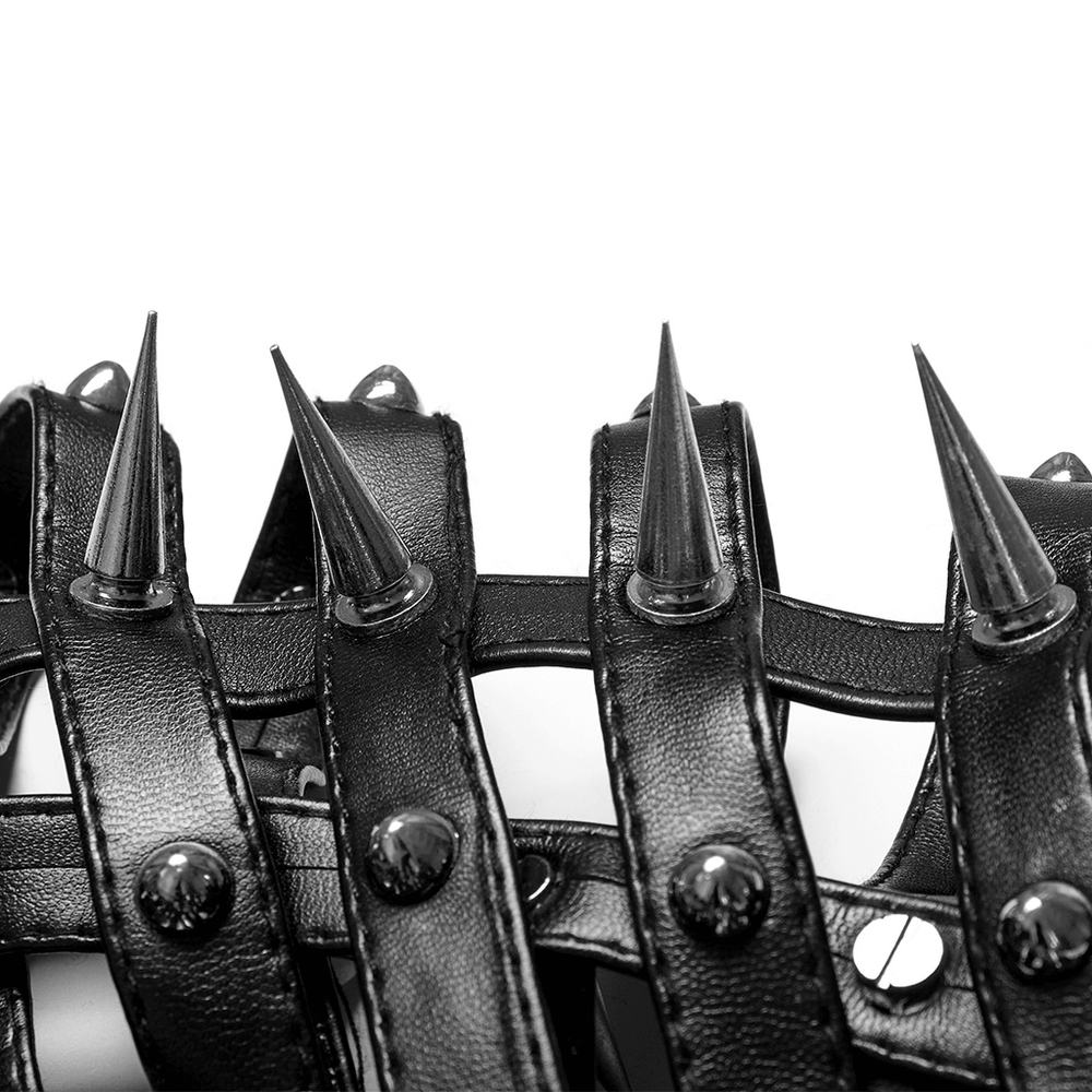 Close-up of black spiked PU headgear showcasing edgy pointed cones and strap details.