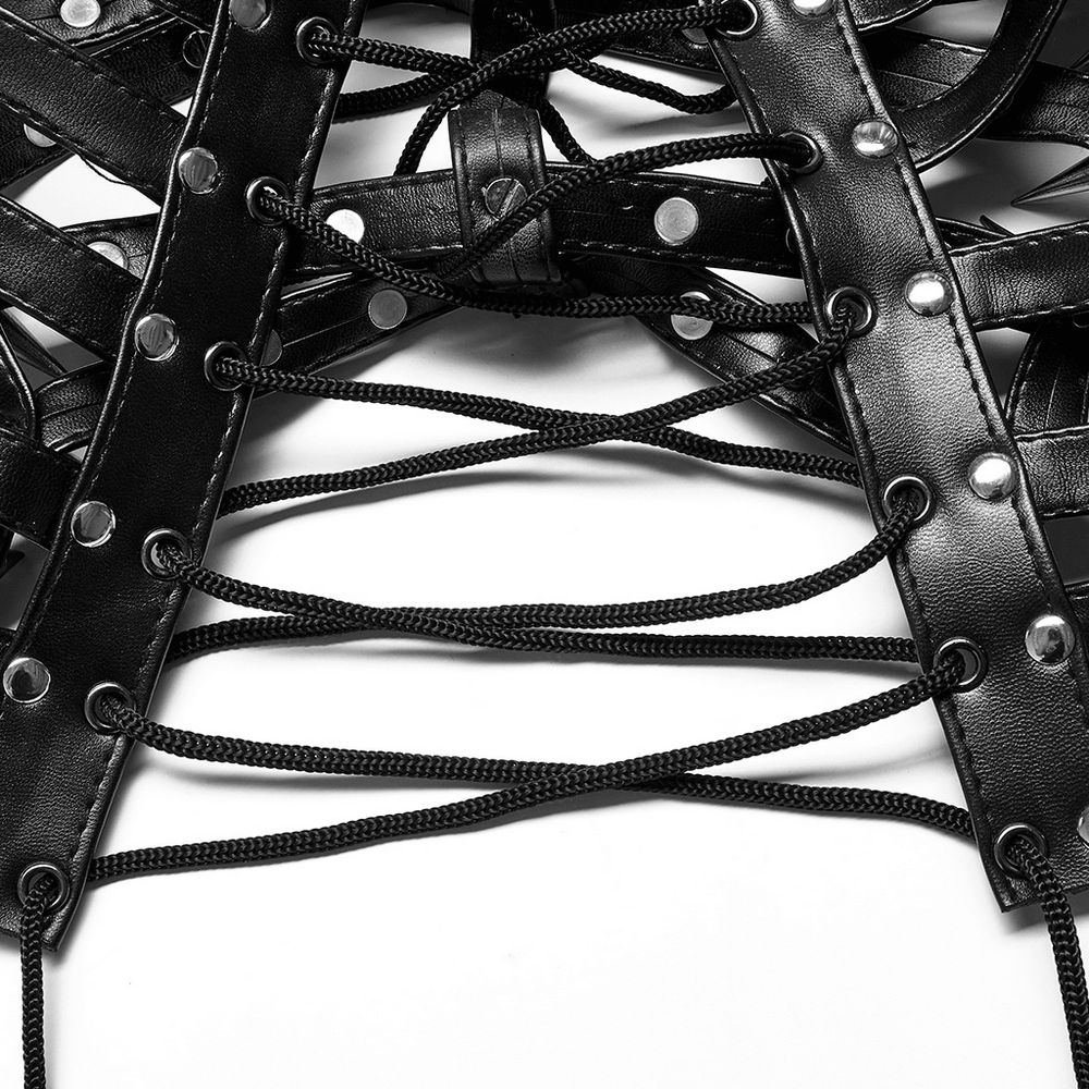 Detailed view of black PU headgear with laces and metal studs for edgy fashion statement.