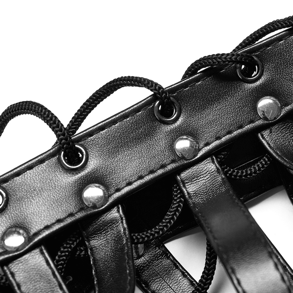 Close-up of spiked PU headgear featuring intricate lacing and studs for a punk-inspired fashion statement.