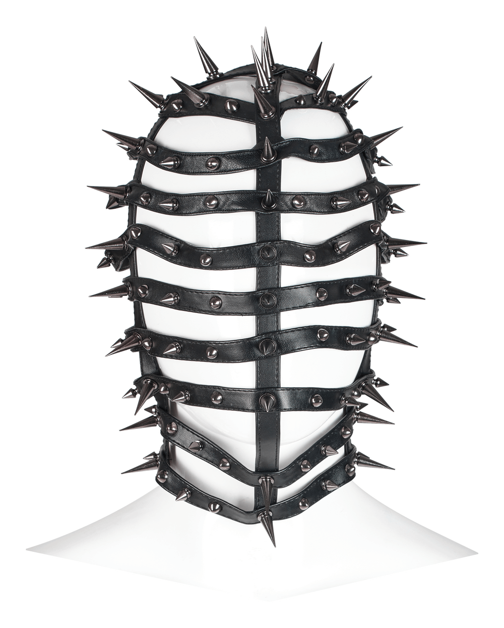 Edgy spiked PU headgear with adjustable drawstring for a bold punk fashion statement.