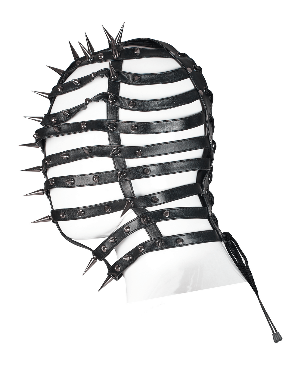 Edgy spiked PU headgear with adjustable drawstring, perfect for punk fashion enthusiasts.