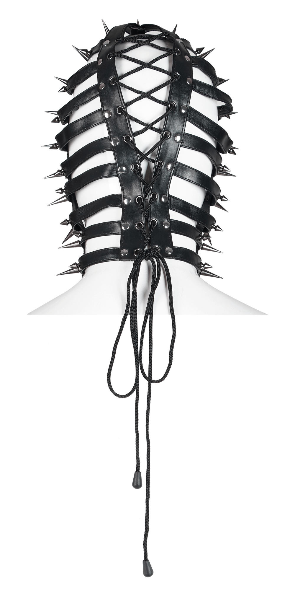 Spiked PU headgear with adjustable drawstring at the back for a punk-inspired edgy style.