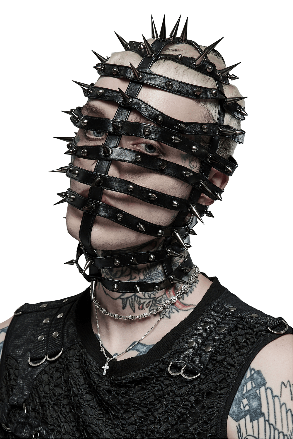 Edgy punk fashion featuring a person in spiked PU headgear with adjustable drawstring for a bold look.