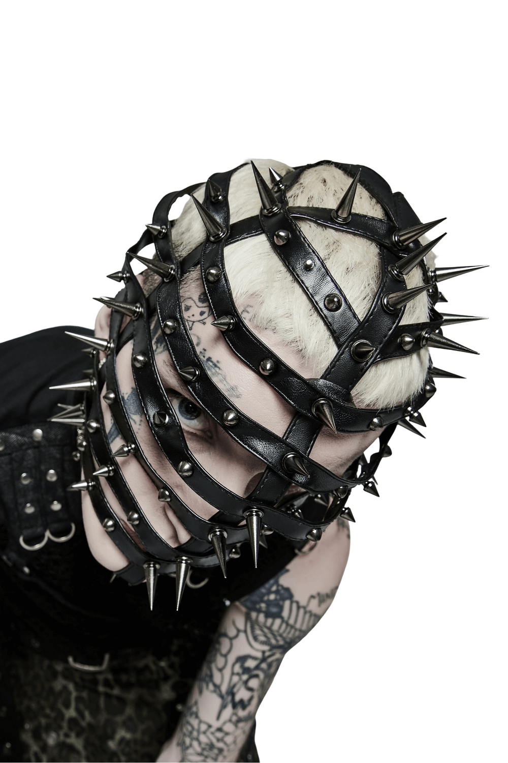 Edgy spiked PU headgear featuring adjustable drawstring, perfect for punk fashion enthusiasts.