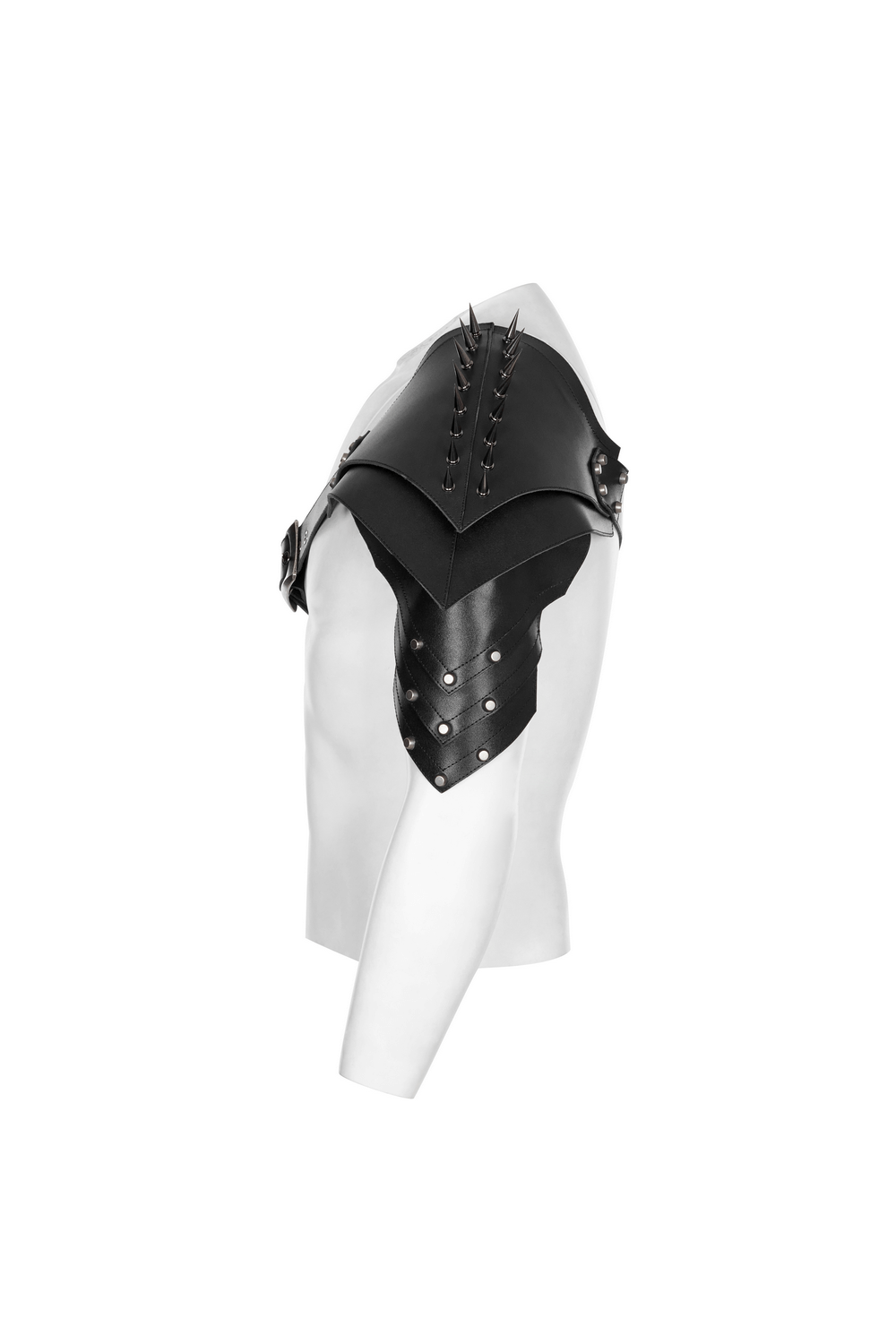 Punk spiked shoulder armor strap with metal buckle and PU leather, featuring retro-style hits and adjustable fit for a rebellious look.