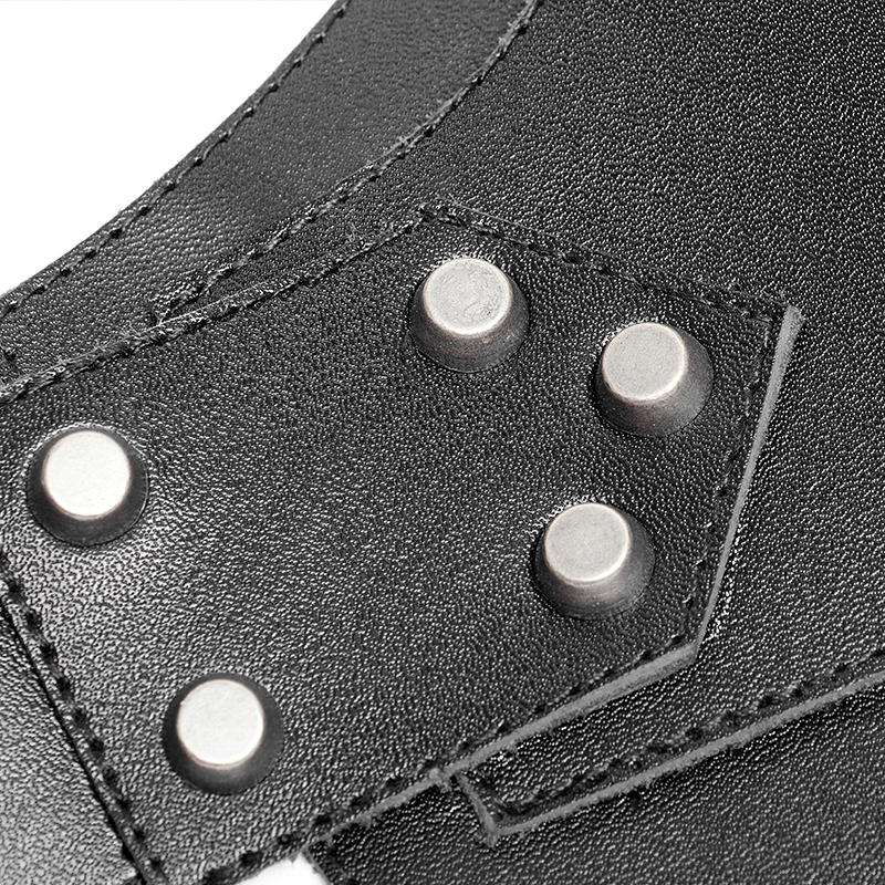 Close-up of black spiked punk shoulder armor with metal studs and PU leather texture for a rebellious style.