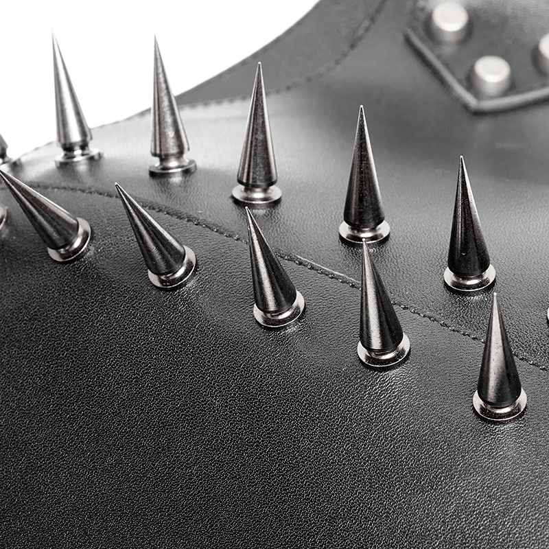 Spiked shoulder punk armor strap with metal buckle and retro-style nails on black PU leather.