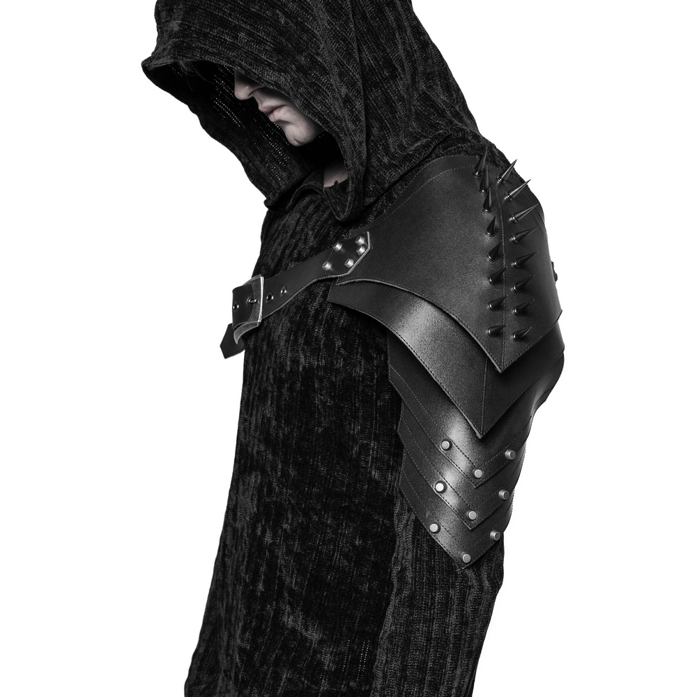 Spiked Shoulder Punk Armor Strap with Metal Buckle on hooded model in black outfit, showcasing rebel punk style.