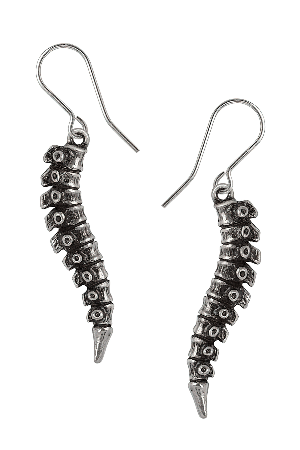 Spine Dropper Earrings in Antique Pewter with Gothic Design showcasing detailed vertebrae craftsmanship.