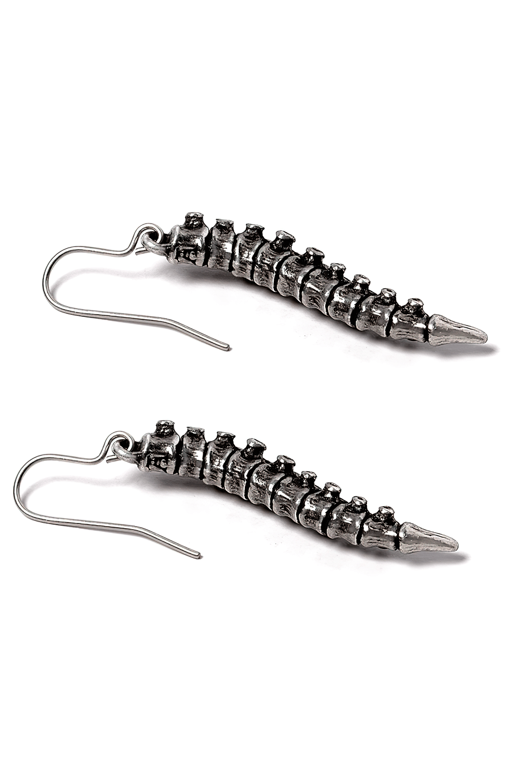 Spine Dropper Earrings in Antique Pewter with Gothic Design showcasing a vertebrae design.