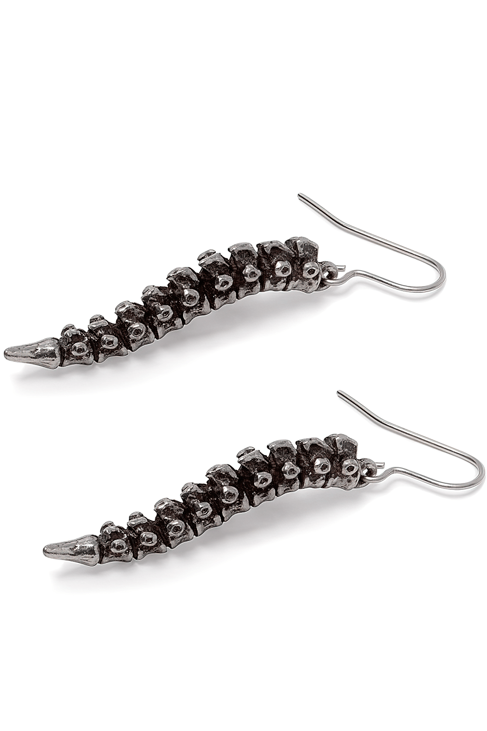 Spine Dropper Earrings in Antique Pewter with Gothic Design featuring detailed vertebrae design.