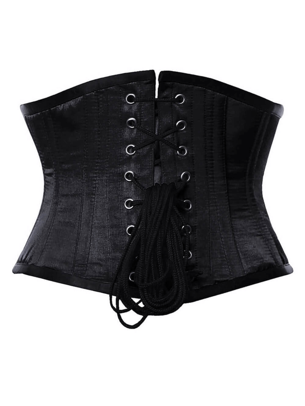 Victorian-inspired black satin corset with steel boning and lace-up back for an elegant silhouette.