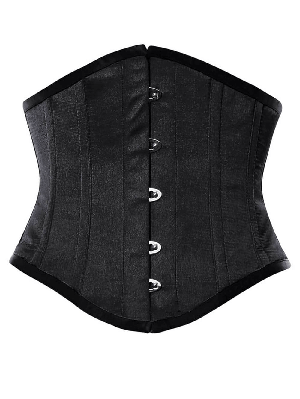 Gothic black satin corset with spiral steel boning and metal busk front, perfect for Victorian-inspired elegance.