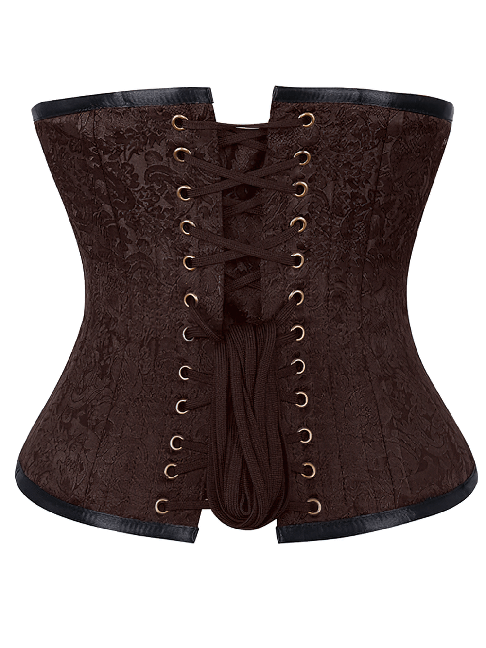 Elegant dark brown brocade waist training corset with spiral steel bones and lace-up front.