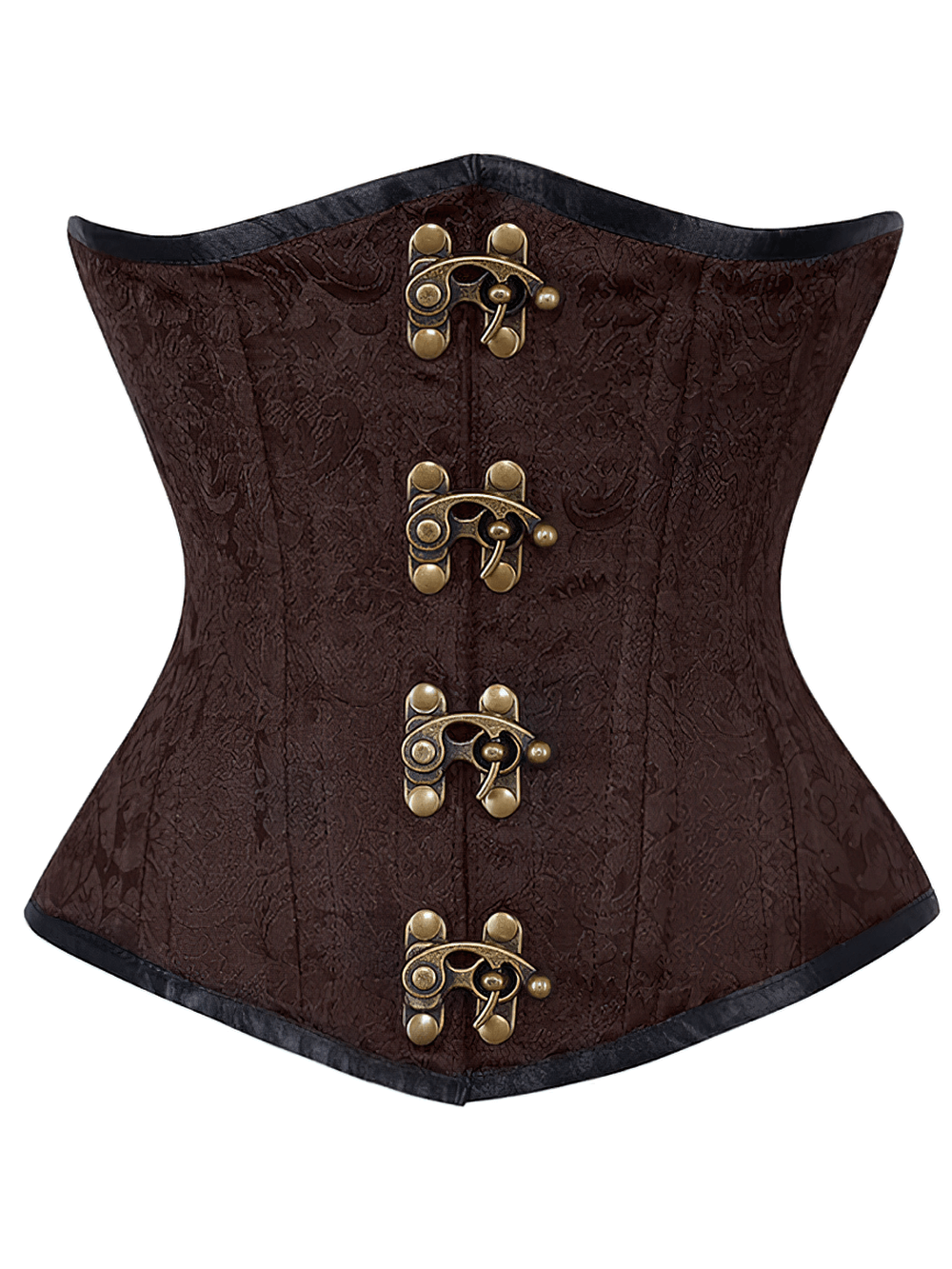 Elegant brown brocade waist training corset with spiral steel bones and ornate metal clasps.