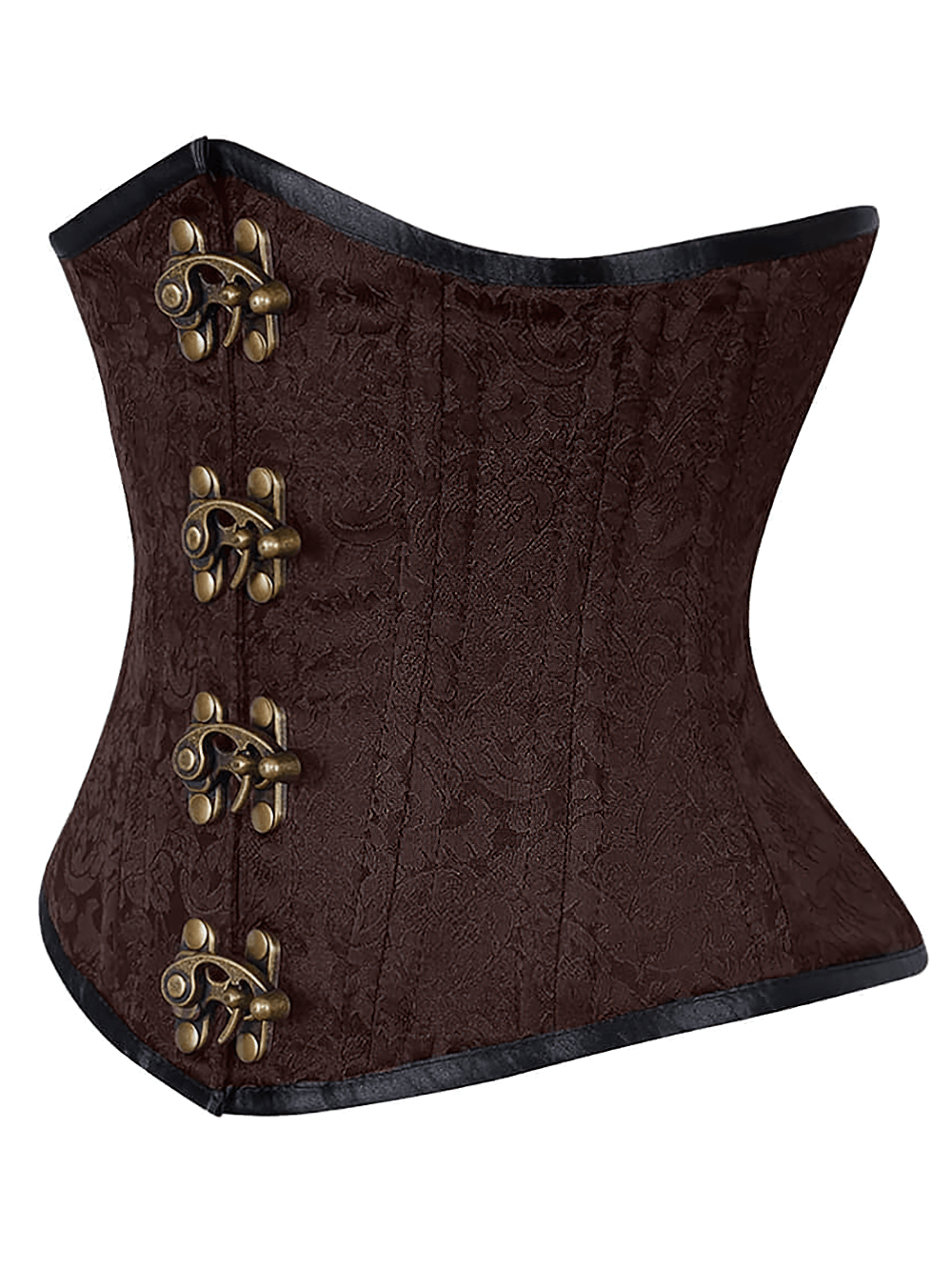 Elegant steel boned brocade waist training corset with vintage-style hooks in rich brown.