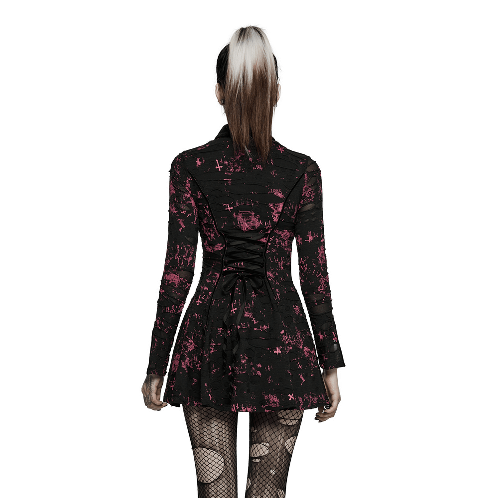 Back view of a pink splatter print gothic dress with lace-up detail and a point collar, revealing a unique style.