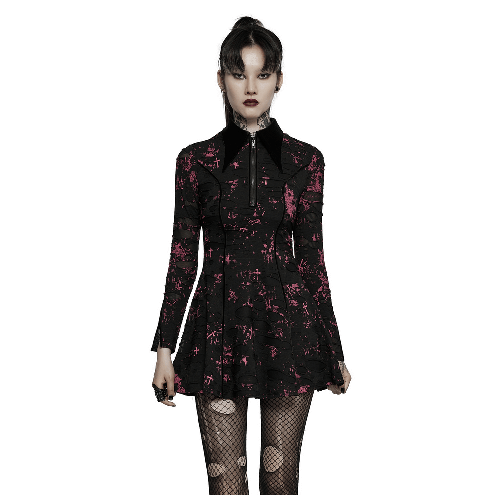 Chic pink splatter print gothic dress with zipper and lace-up back, featuring a point collar and split cuffs.