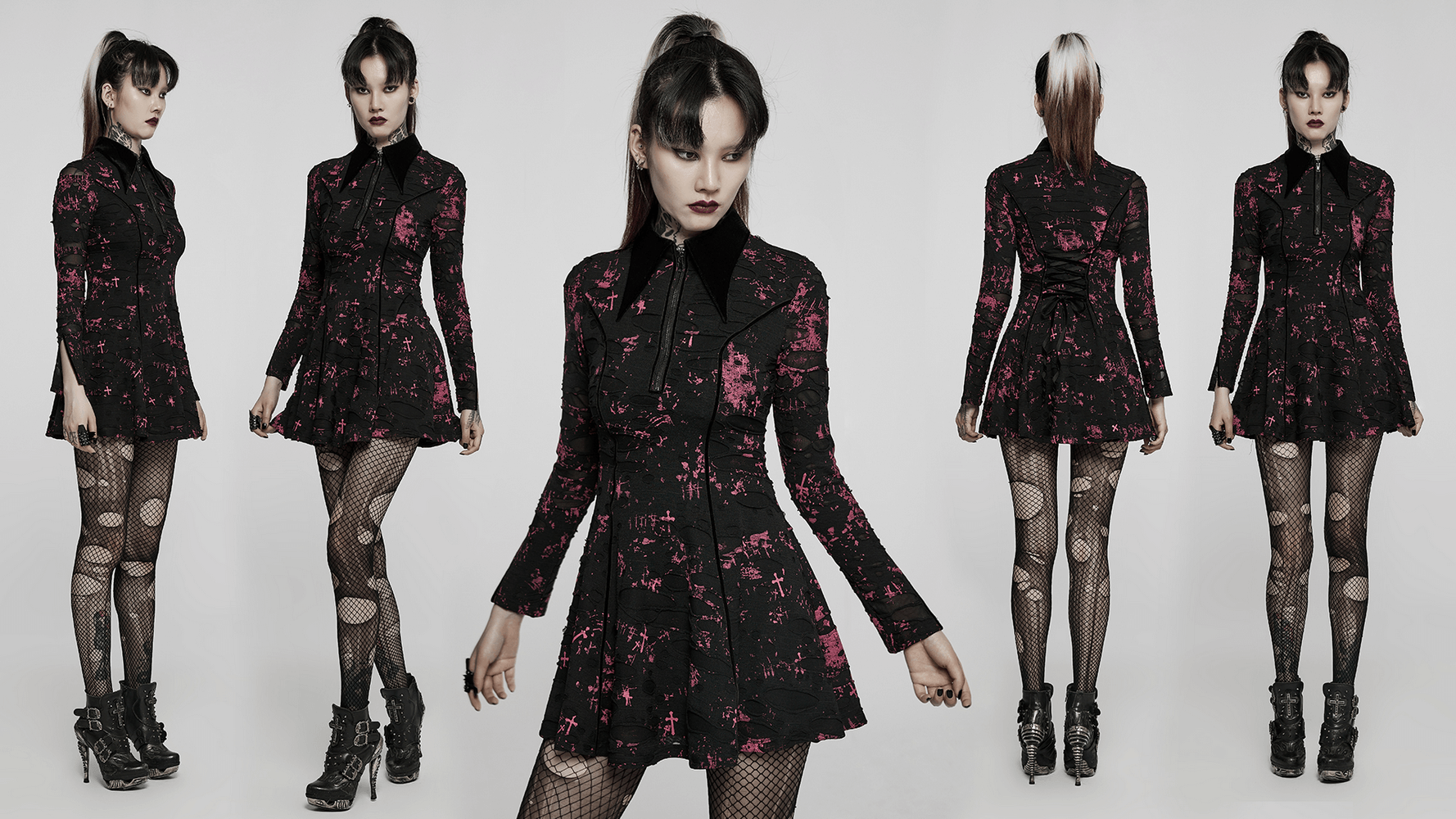 Chic Pink Splatter Print Gothic Dress with Point Collar and Lace-Up Back for a unique edgy look.