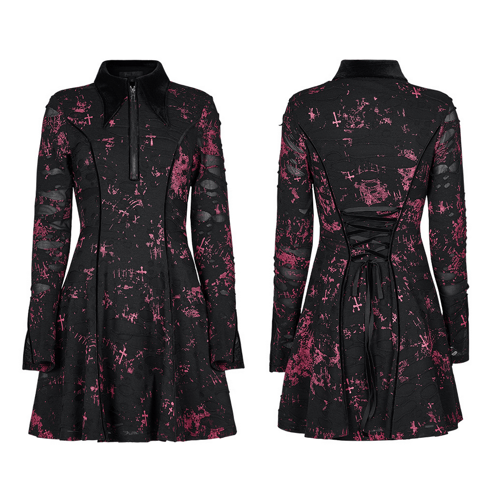 Chic pink splatter print Gothic dress with zipper and lace-up back, featuring a stylish point collar and split cuffs.