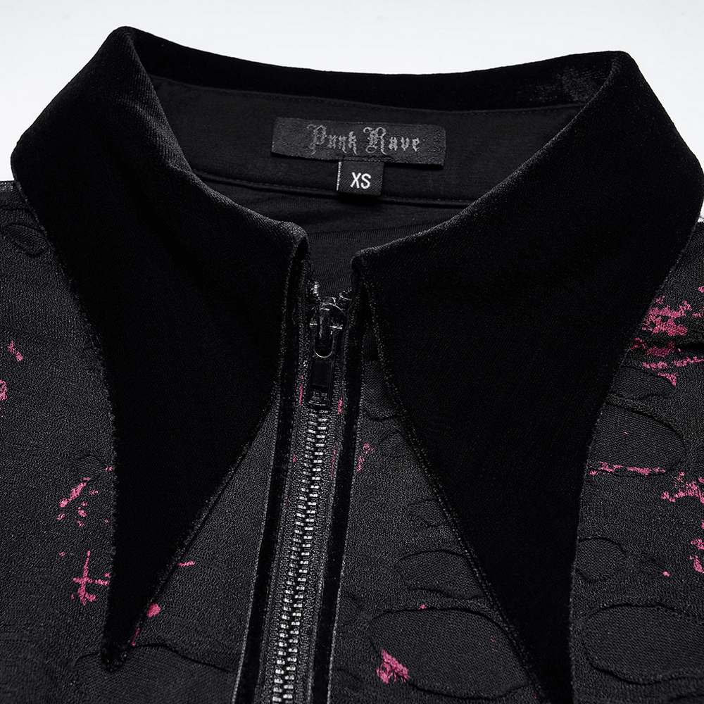 Close-up of the collar and zipper of a Pink Splatter Print Gothic Dress, showcasing unique design details.