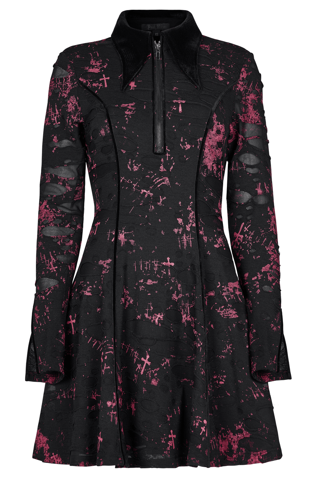Chic Gothic splatter print dress with zipper and lace-up back, featuring a modern design and unique pink patterns.