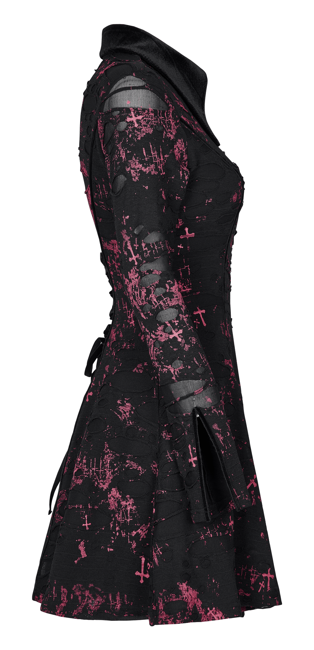 Side view of chic pink splatter print gothic dress with zipper and lace-up back detail.
