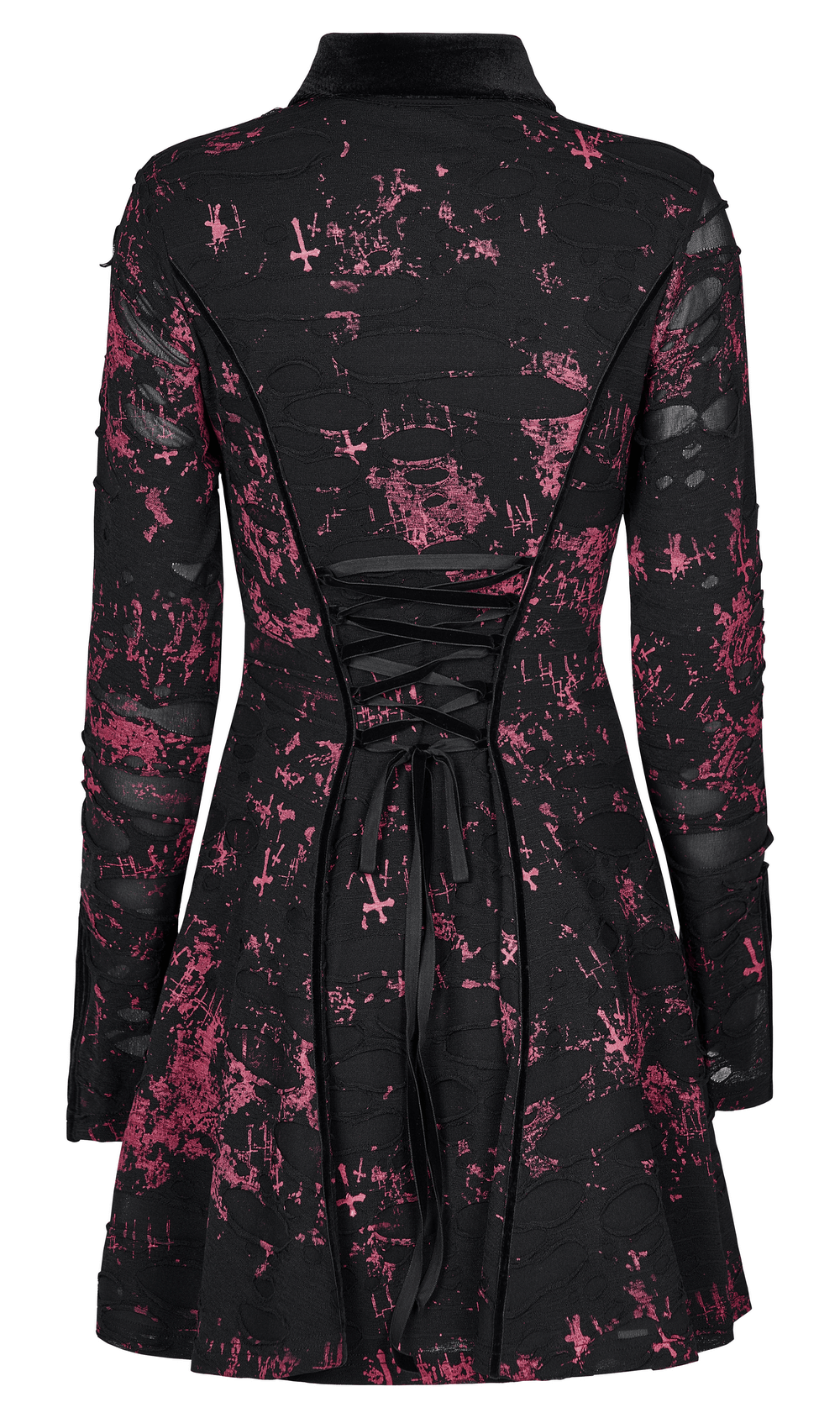 Back view of pink splatter print Gothic dress featuring lace-up detail and elegant point collar.