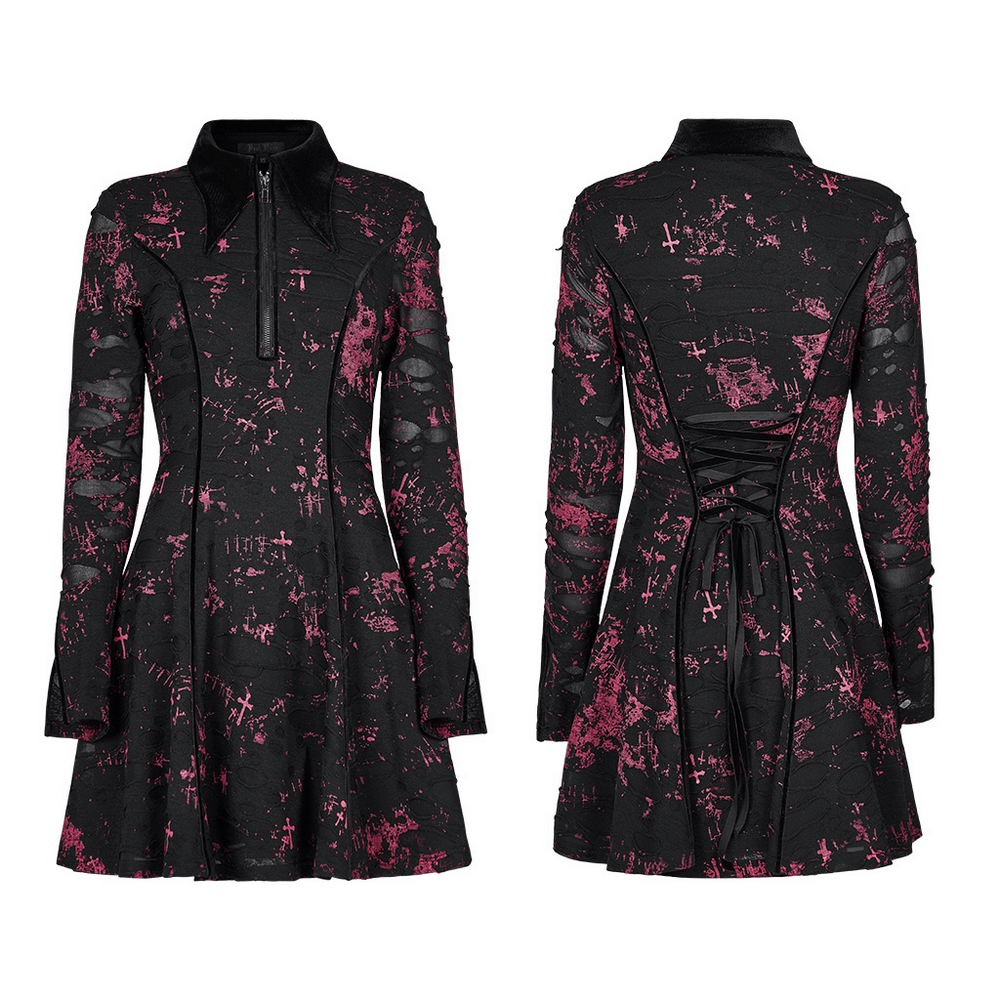 Splatter Print Gothic Dress with Zipper and Lace-Up Back - HARD'N'HEAVY