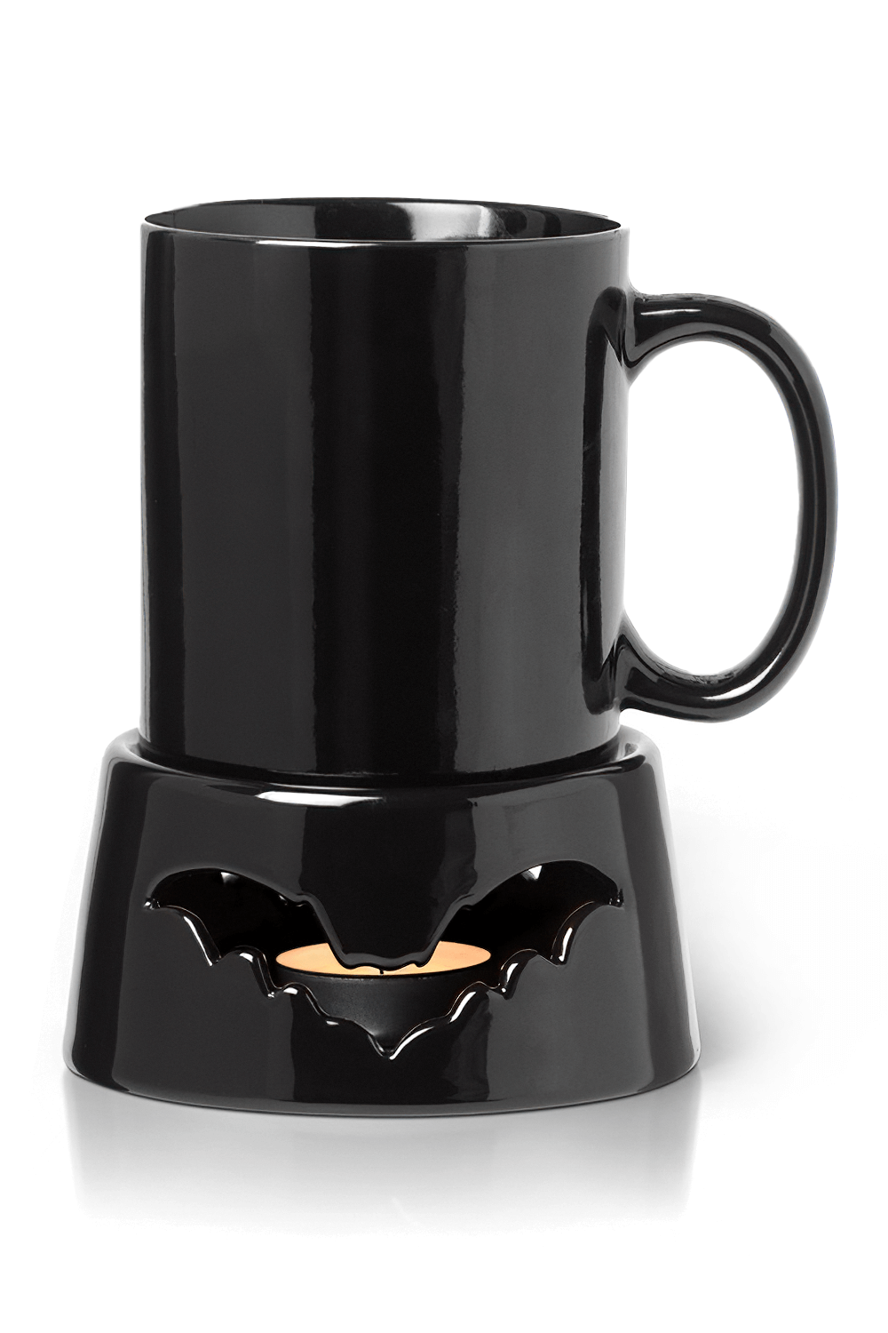 Spooky bat mug warmer with black mug, perfect for keeping drinks hot and adding gothic charm.
