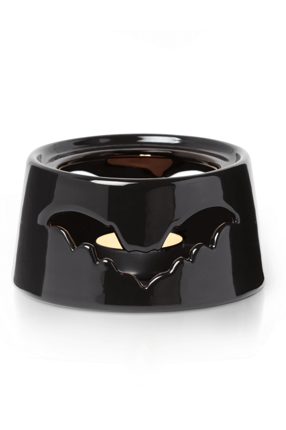 Gothic bat mug warmer in black ceramic, perfect for keeping drinks hot and adding spooky decor.