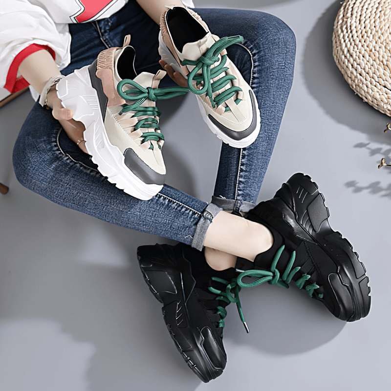 Women's breathable platform running sneakers with colorful laces, stylish for gothic outfits, showcased in black and beige.