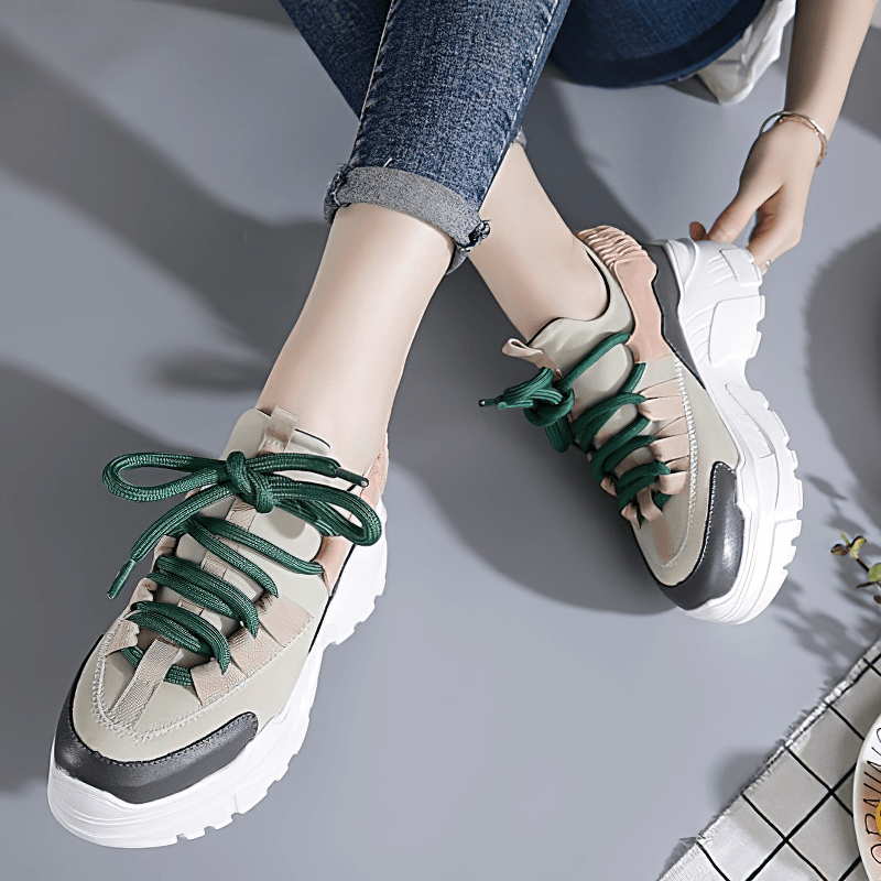 Women's breathable platform running sneakers with green laces, perfect for gothic outfits and stylish comfort.
