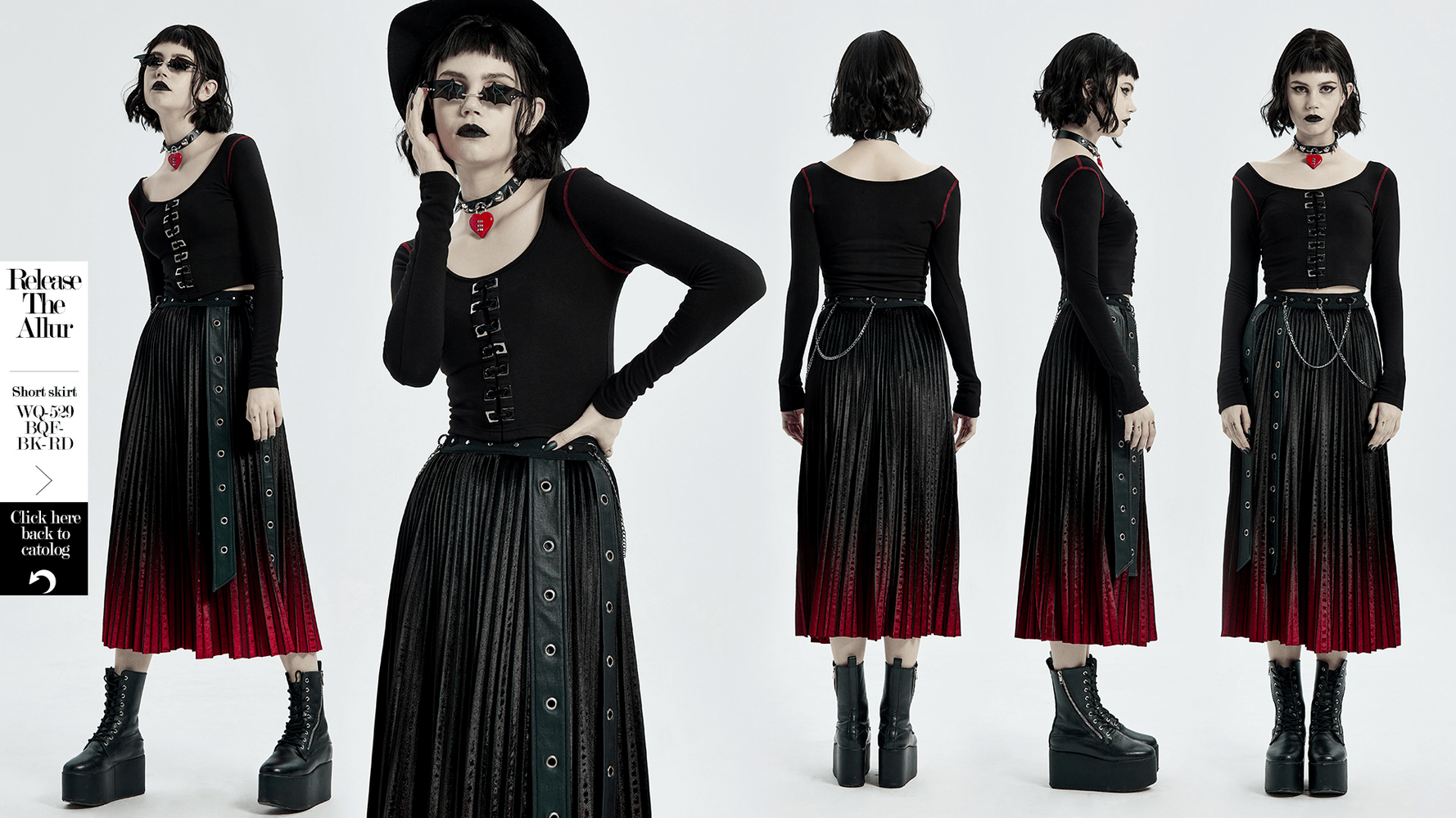 Edgy punk model showcasing square eyelet accent O-neck crop top with black pleated skirt and stylish accessories.