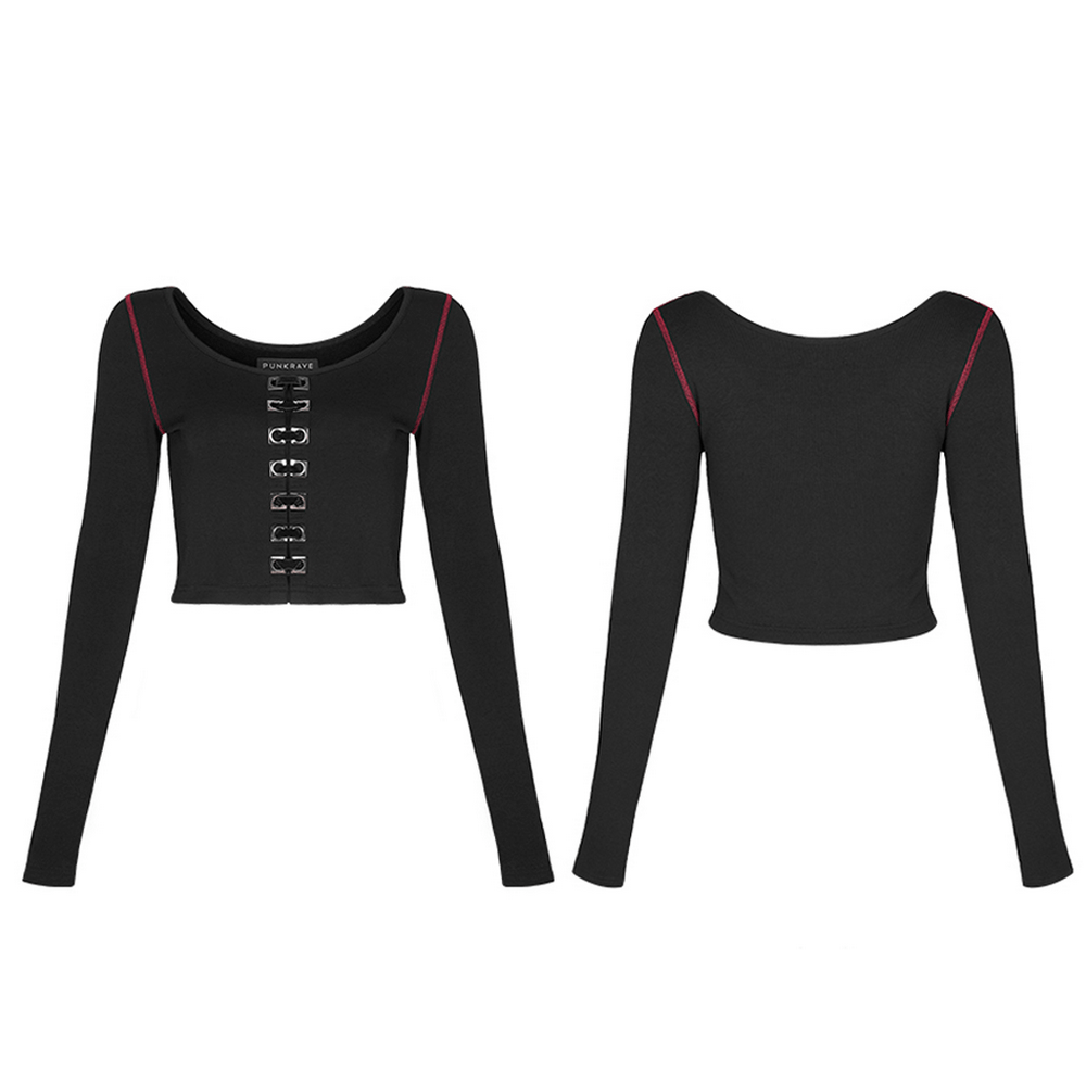 Edgy square eyelet accent O-neck punk crop top for women, featuring long sleeves and a stylish laced-up look.