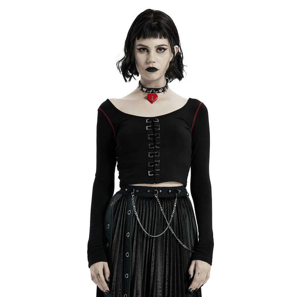 Edgy square eyelet accent O-neck punk crop top for women paired with a pleated skirt and choker.