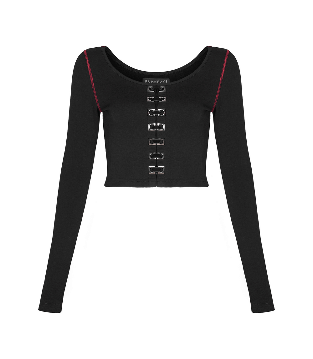 Edgy black long-sleeve crop top with square eyelet accents for a punk style.