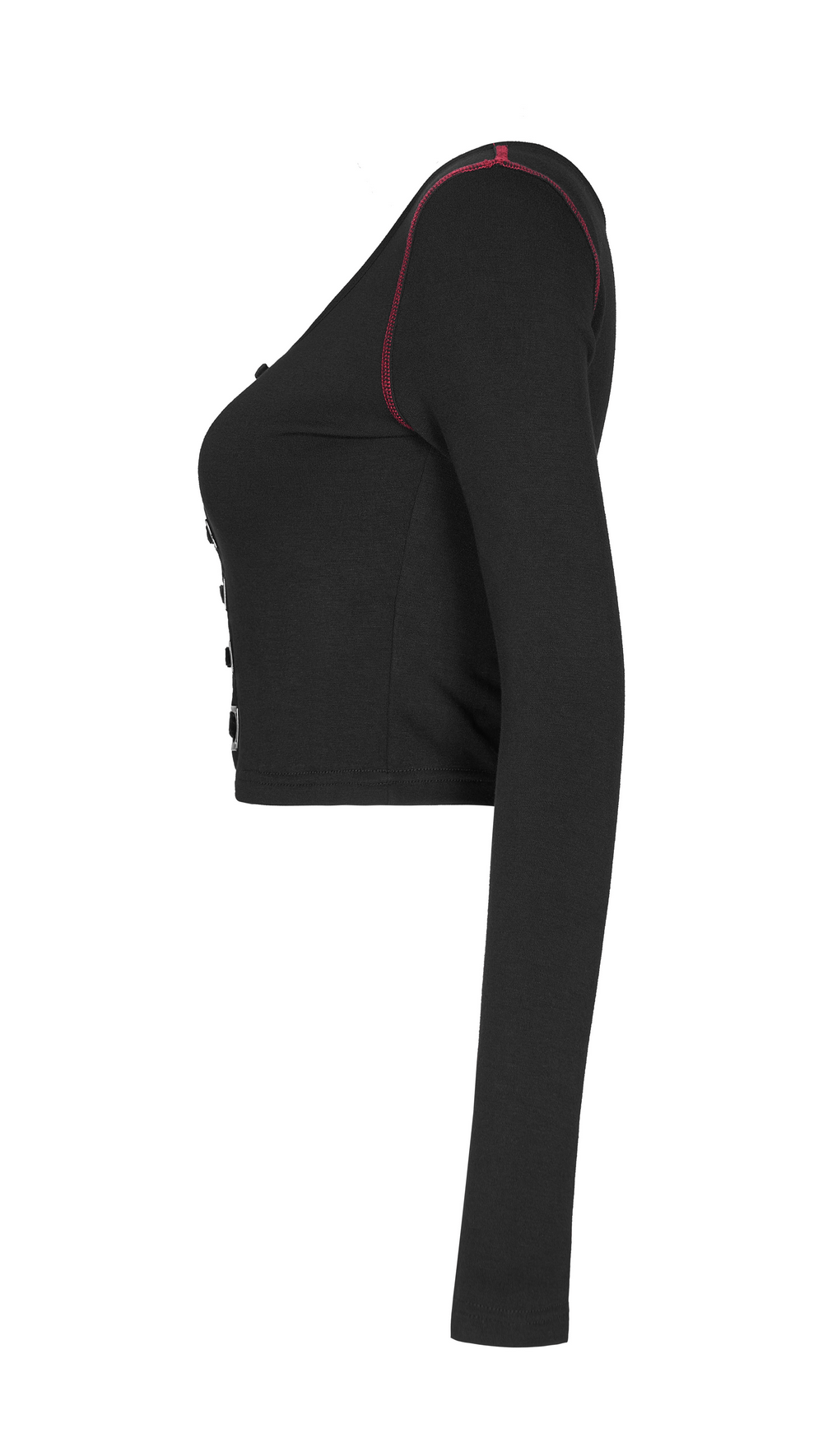 Side view of a black punk crop top with square eyelet accent and long sleeves, showcasing edgy style and comfort.