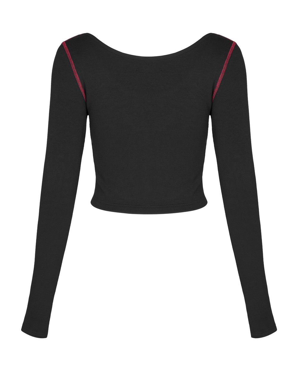 Back view of black O-neck punk crop top with long sleeves and contrasting red accents.