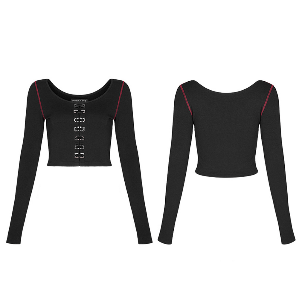 Square Eyelet Accent O-Neck Punk Crop Top for Women - HARD'N'HEAVY